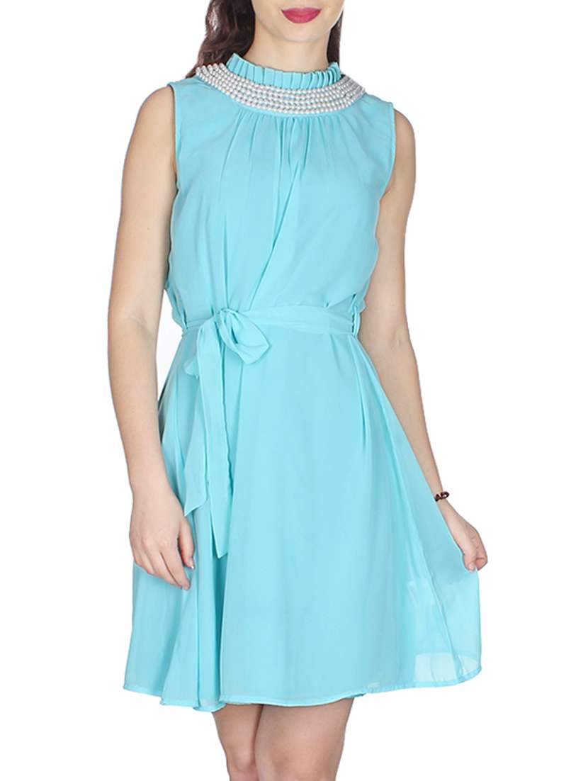sky blue polycrepe a line  dress