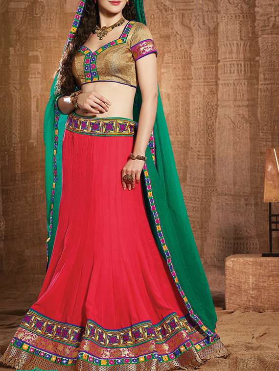 pink  georgette embroidered flared lehenga