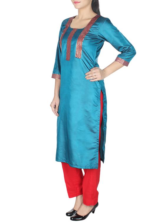 blue chanderi straight kurta - 10458748 - Standard Image - 1