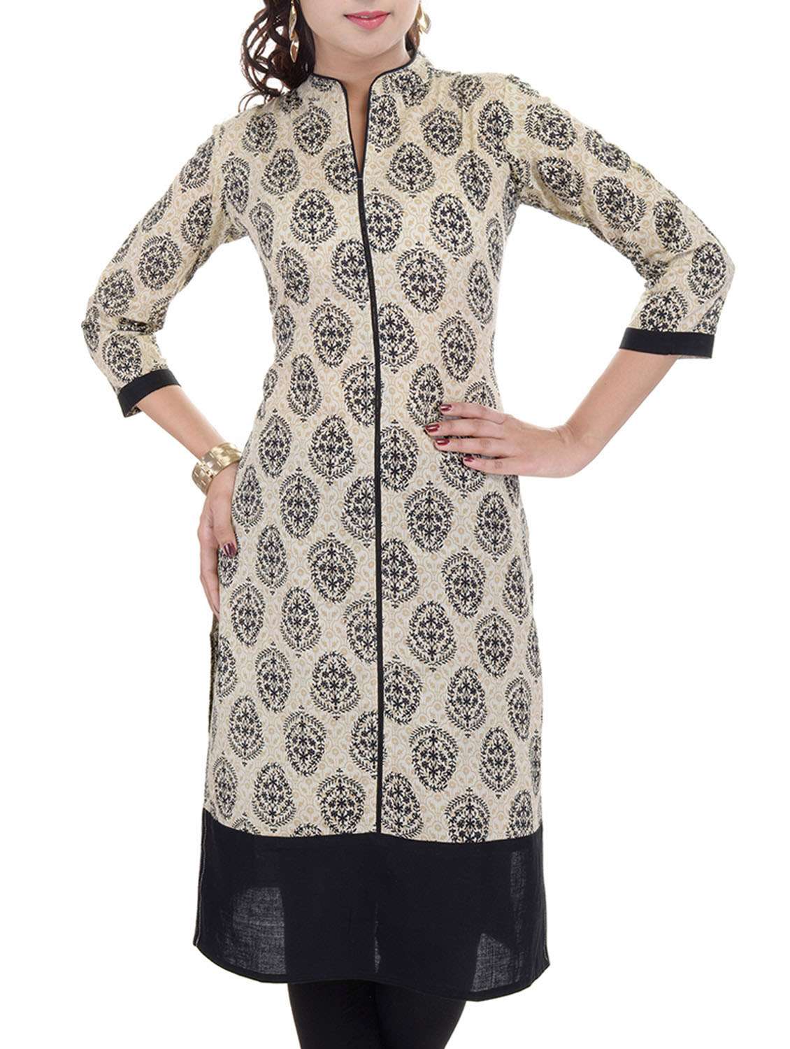 beige cotton blend straight kurta