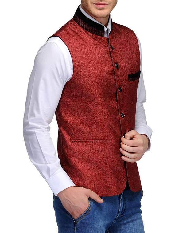 maroon cotton nehru jacket - 10476396 -  Standard Image - 1