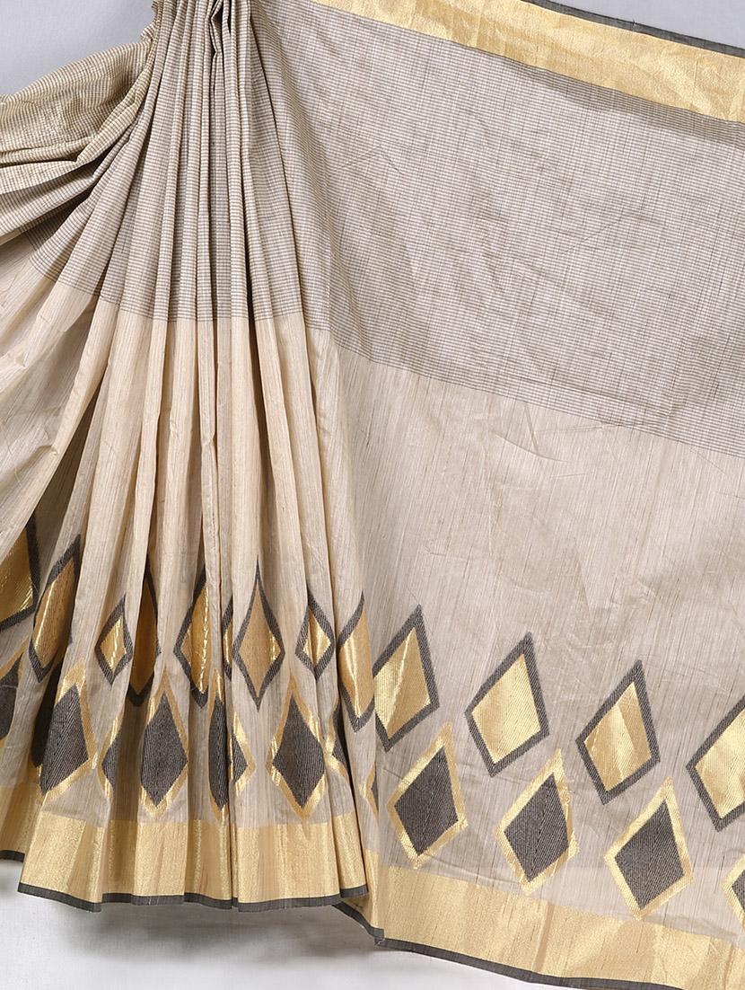 Pin Striped Geometric Print Cotton Silk Saree - BANARASI STYLE