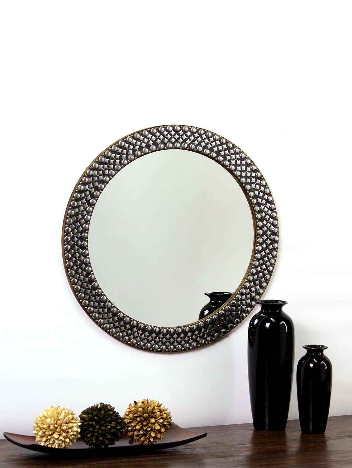 hosley decorative metal studded round wall mirror