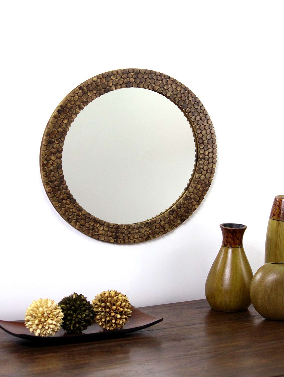 hosley decorative round log slices carved brown wooden wall mirror