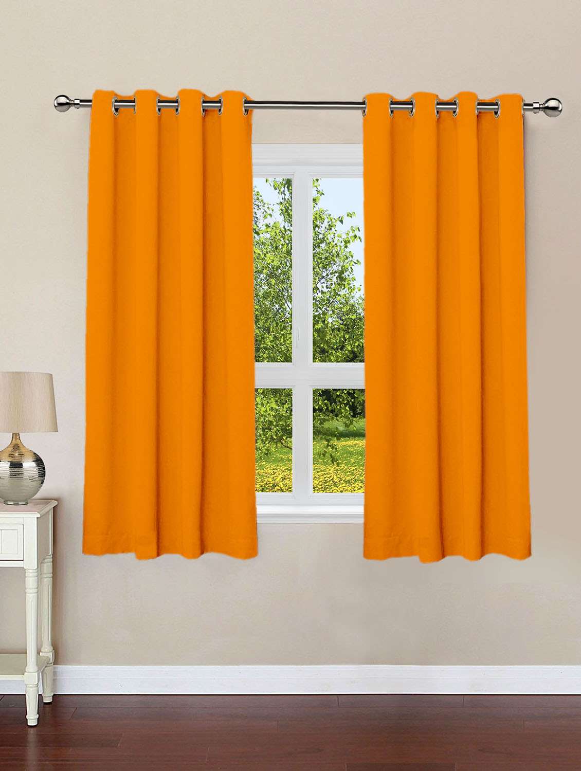 lushomes sun orange plain cotton curtains with 8 eyelets & plain tiebacks for windows