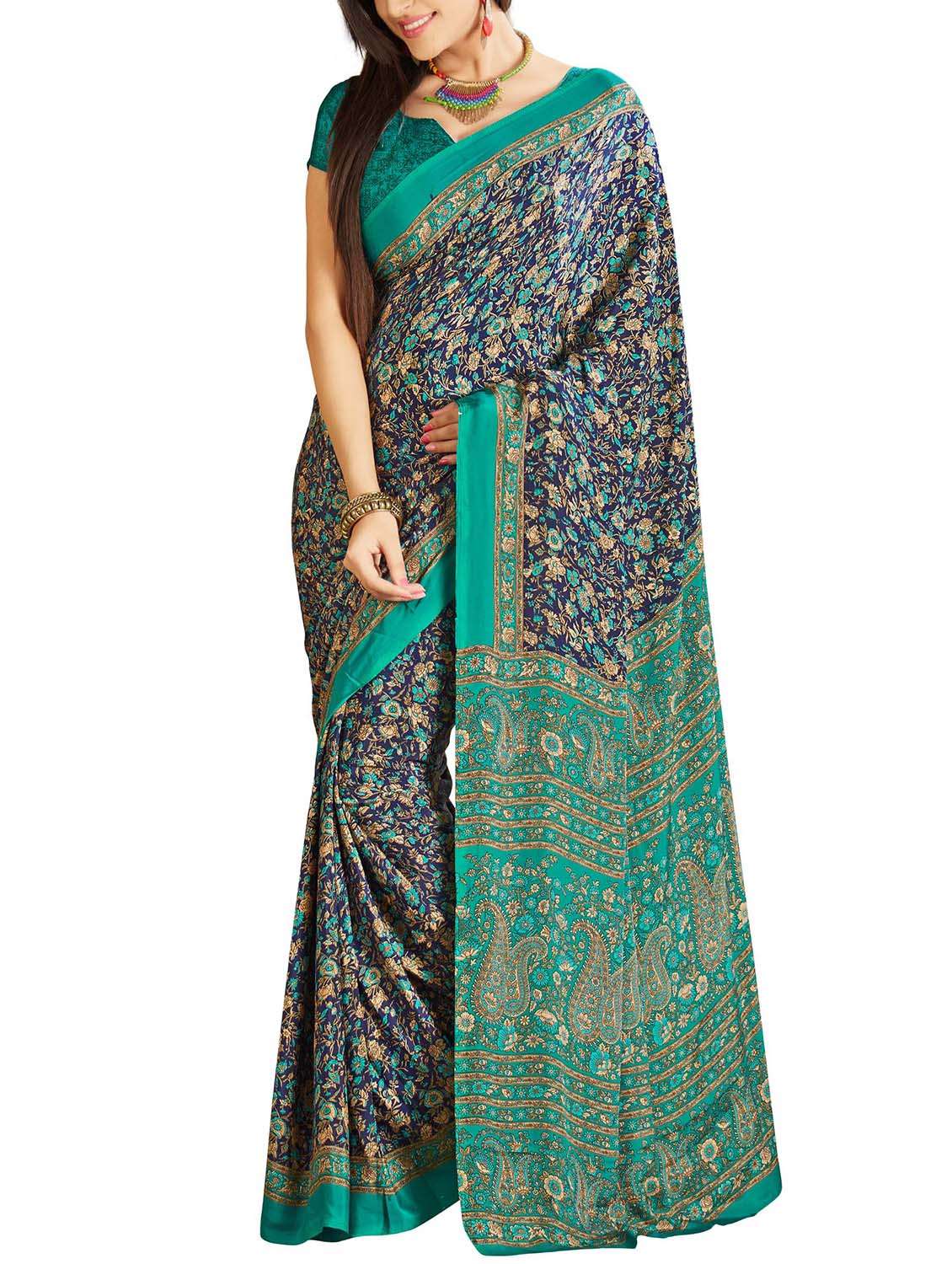 multi colored silk blend printed saree with blouse