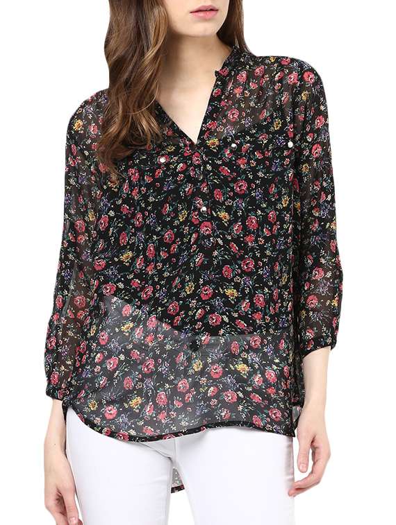 floral sheer button up neck top
