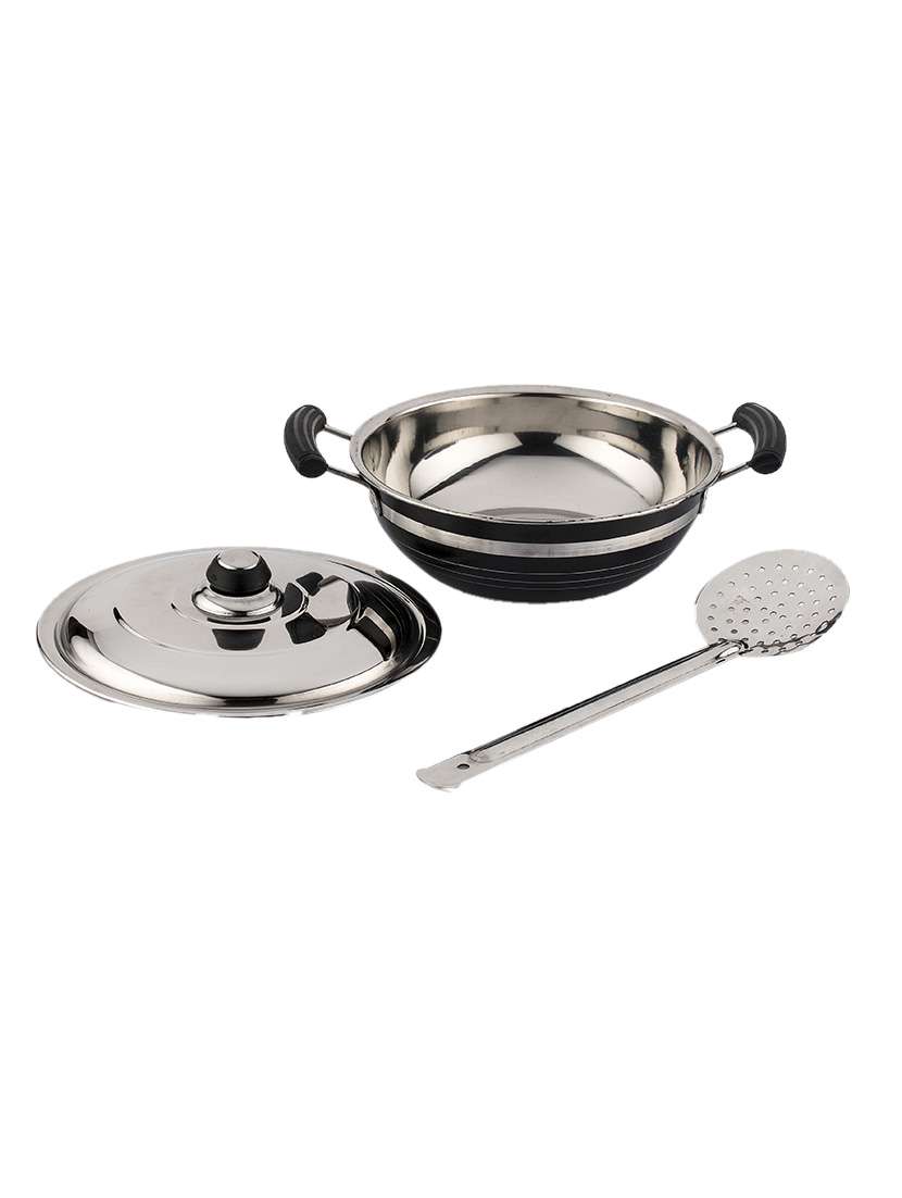 stainless steel induction base black color kadai 240 mm with frying jara