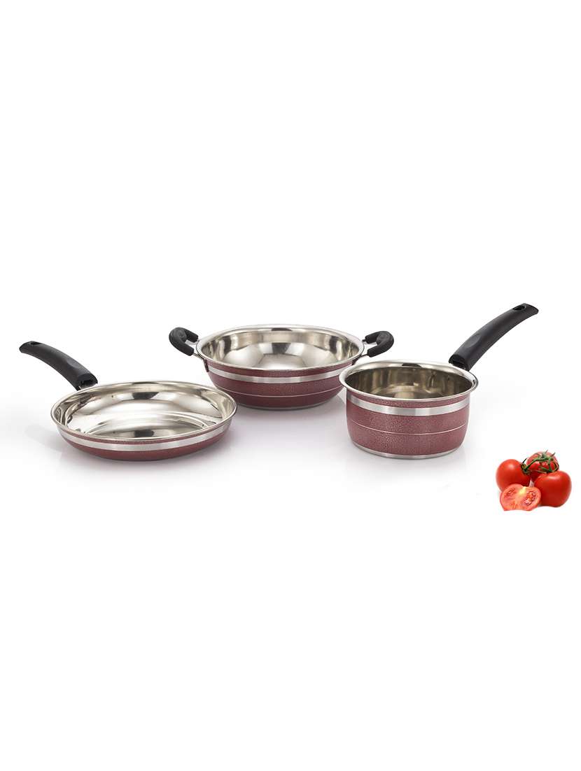 induction lpg compatible kadai frypan and saucepan red set of 3 pcs