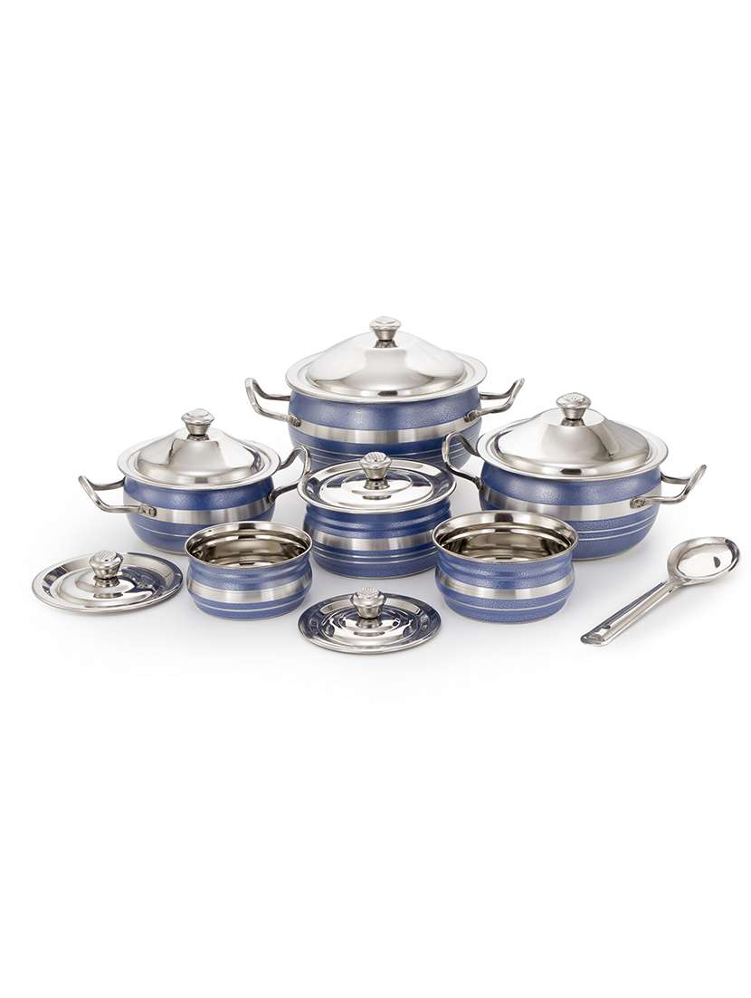 Stainless Steel Design Copper Cook N Serve Set Blue Set of 7 Pcs