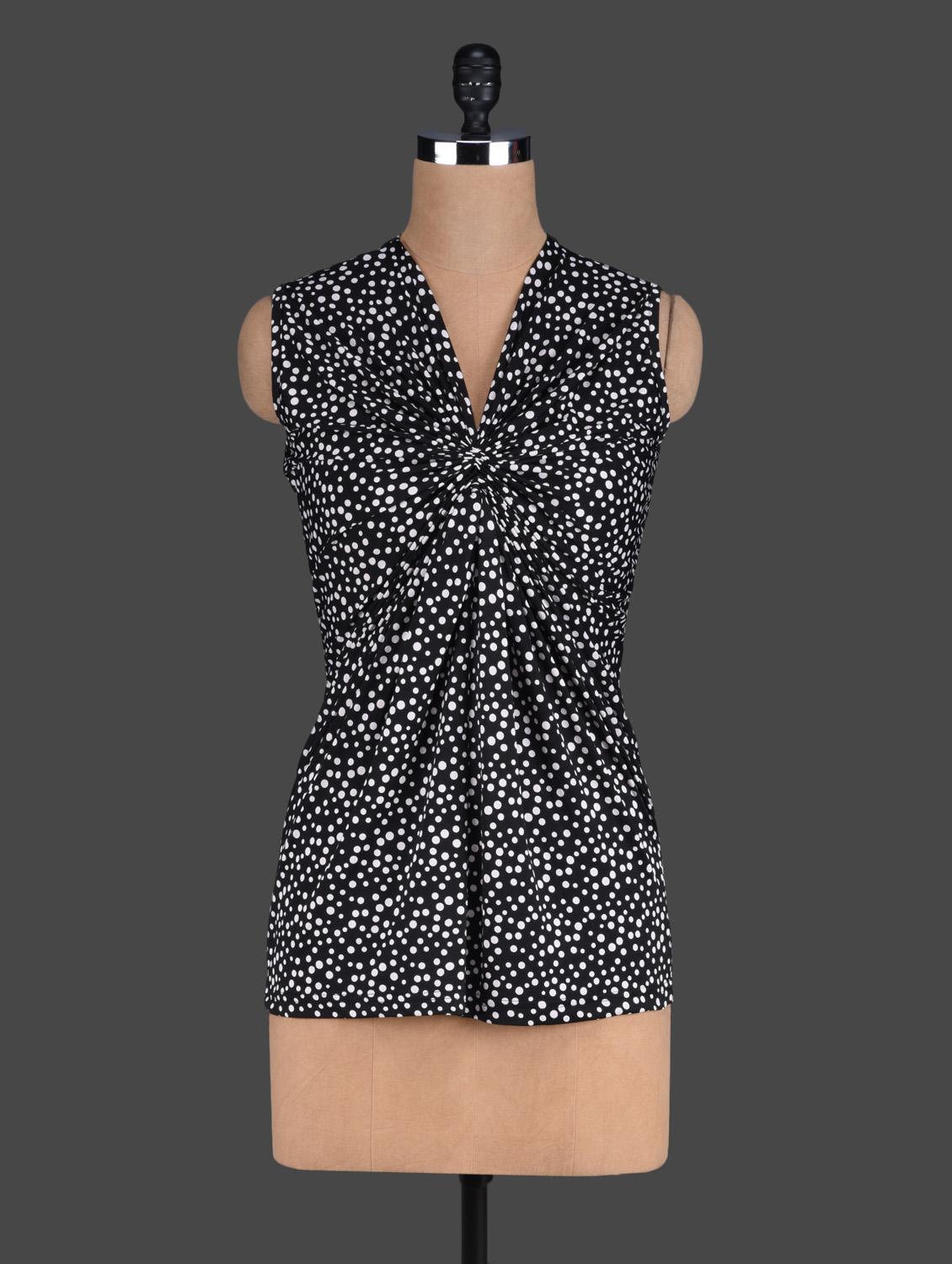 Black Polka Dots Printed Gathered Top - Eavan