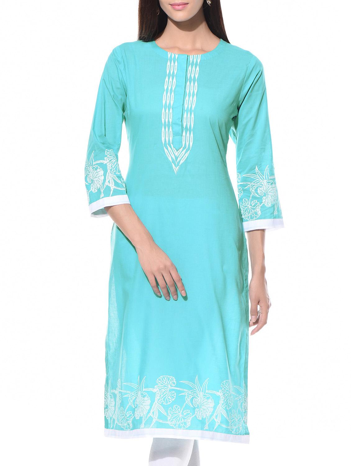 Turquoise Printed Round Neck Cotton Kurta - By