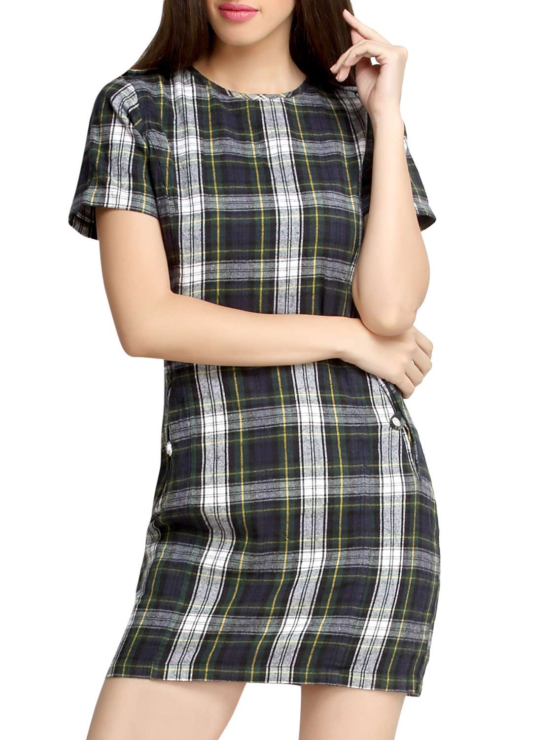 blue checkered sheath dress