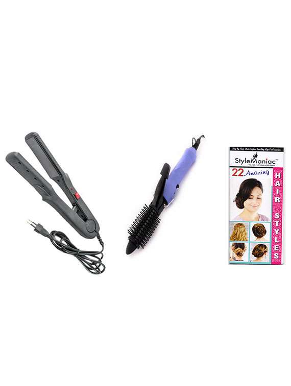style maniac ceramic hair straightener & hair curling rod with brush