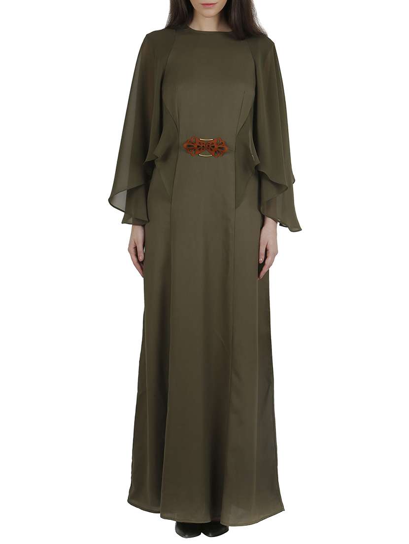 olive leather trim cape maxi
