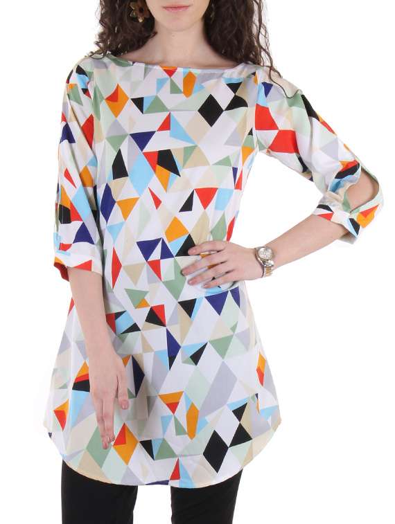 white boat neck geometric print tunic 