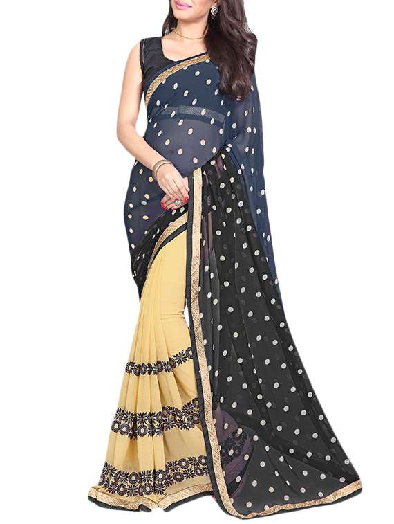 black & beige faux georgette saree
