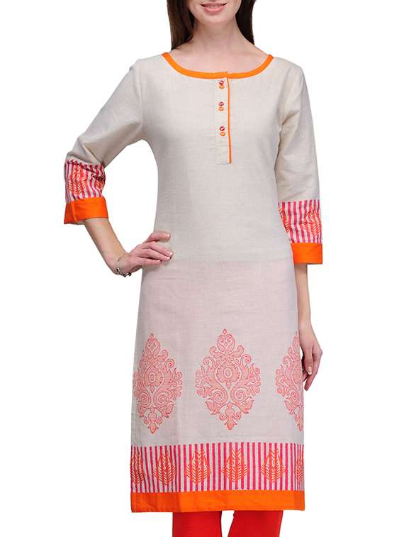 round neck button down block printed cotton kurta