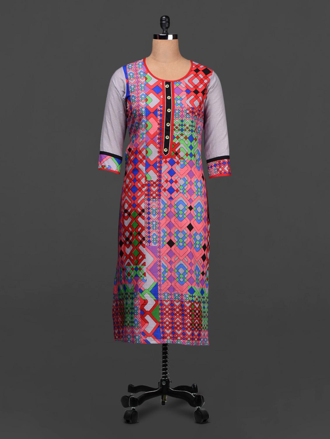 Geometric Print Quarter Sleeves Cotton Kurta - SHREE