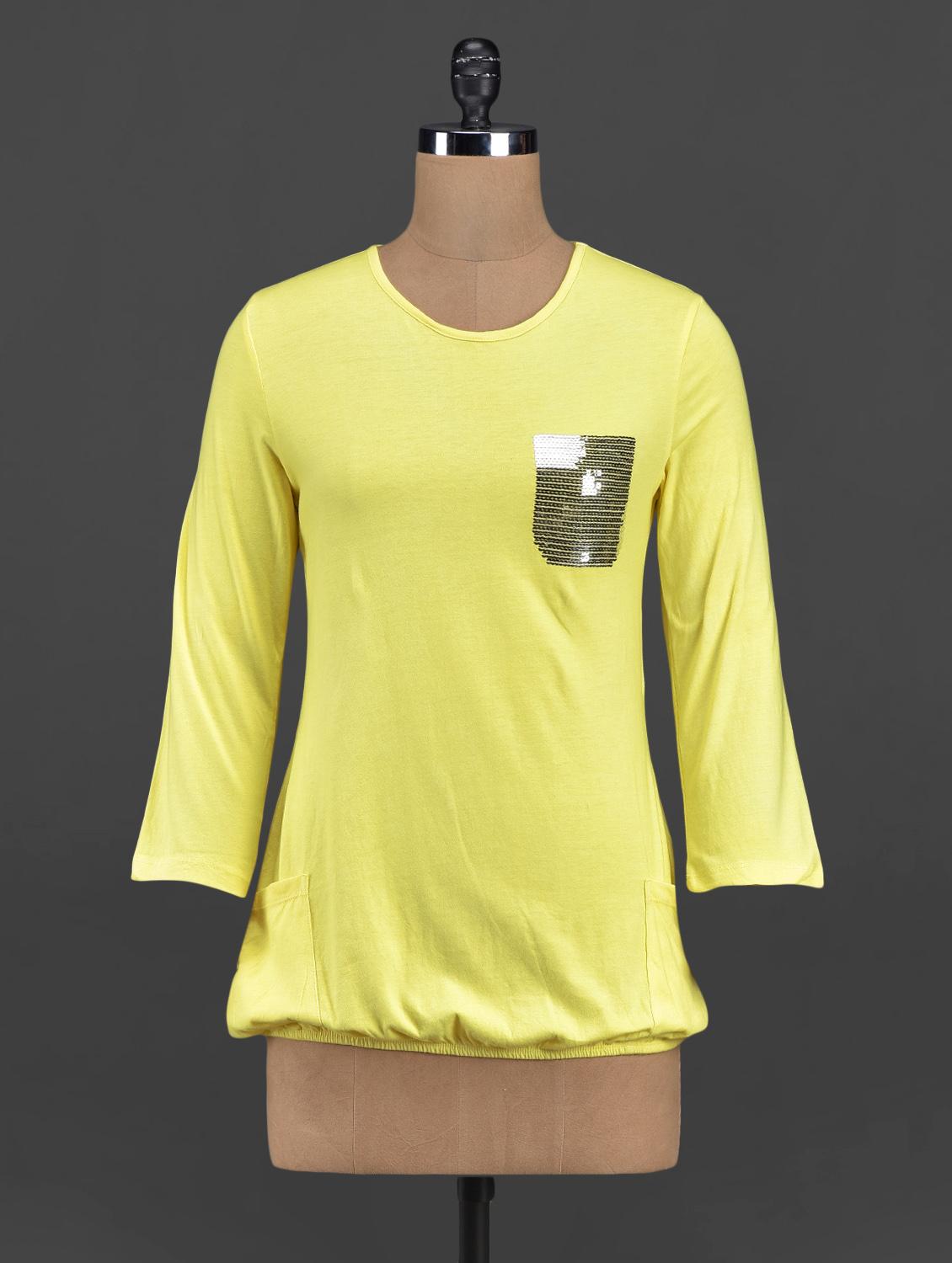 Sequin Pocket Round Neck Solid Top - Yepme