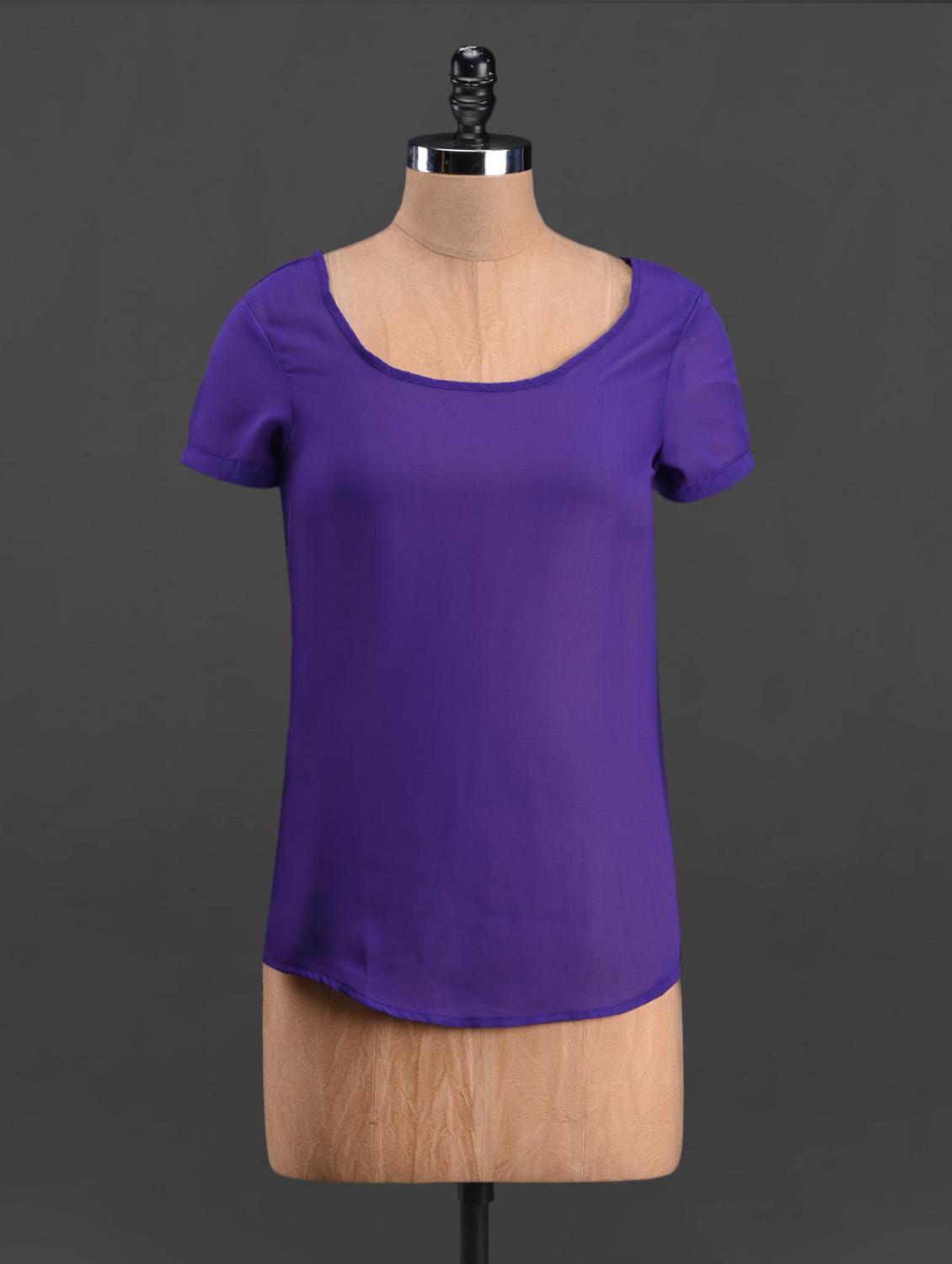 Solid Purple Round Neck Georgette Top - Sweet Lemon