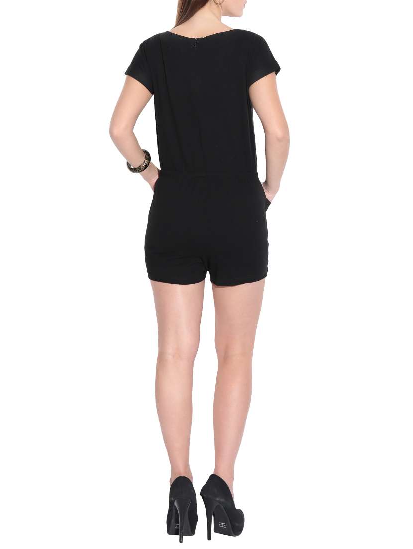 Black Cotton Lycra Boat Neck Romper