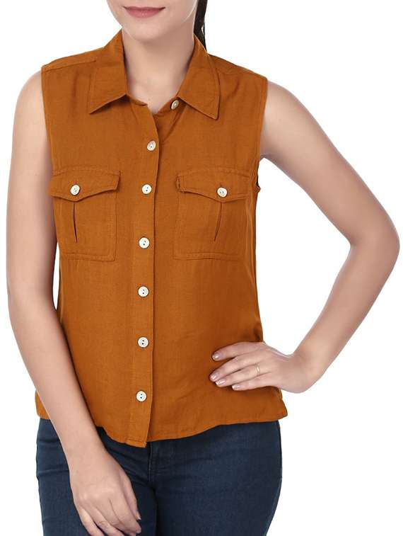 brown linen regular shirt