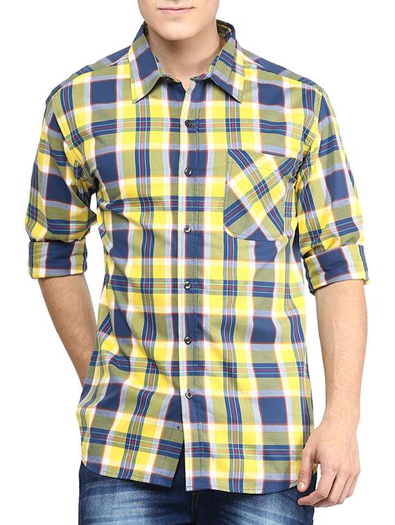 yellow cotton checked casual shirt