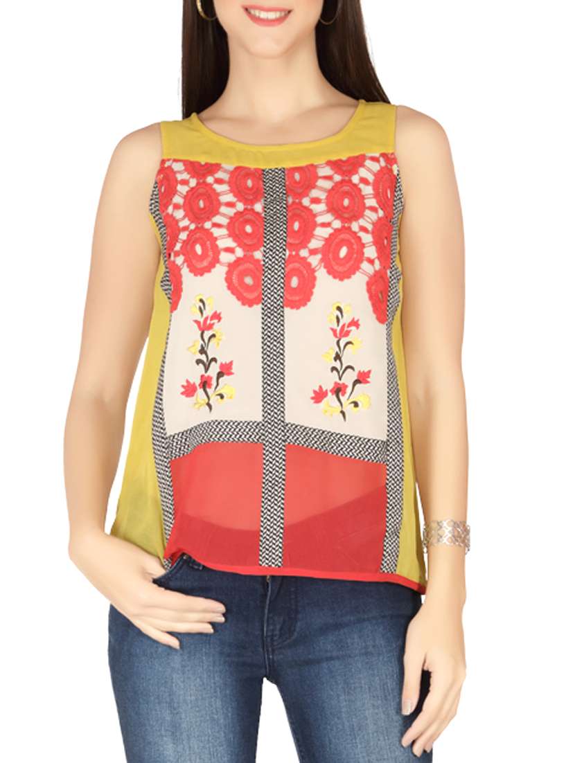 lace panel embroidered top