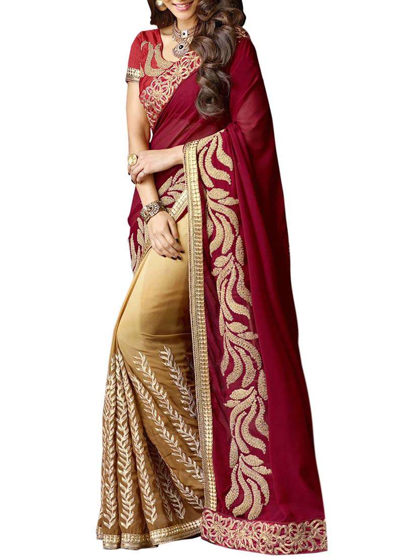 maroon georgette half & half saree with blouse