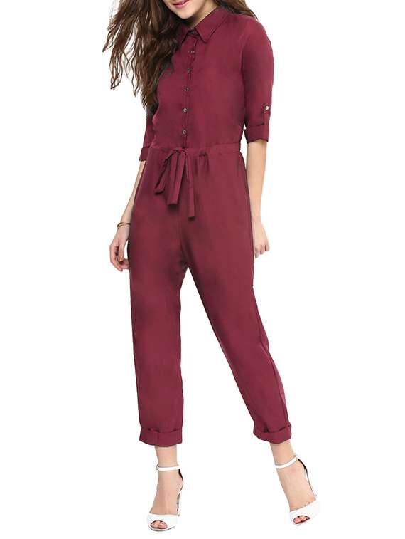 maroon solid roll up jumpsuit