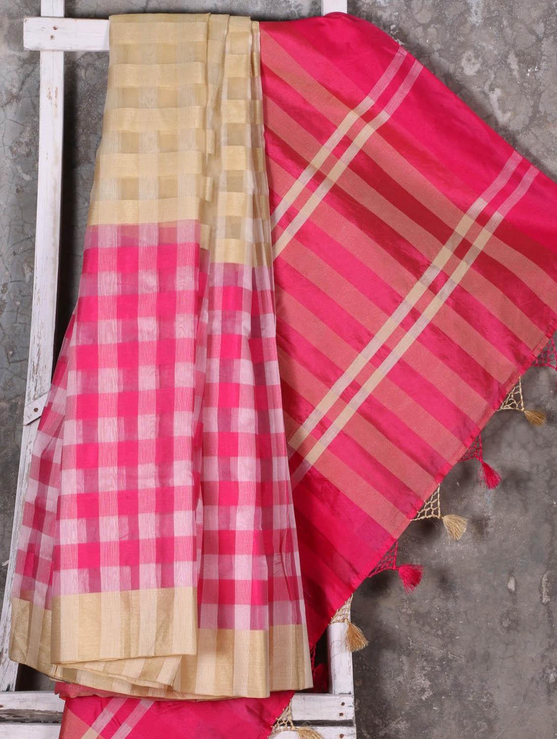 Woven Checked Pink Saree - Shiva Saree