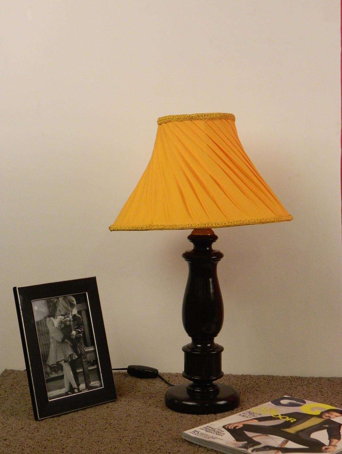 mango wood dark brown classic table lampwith pleated shade-yellow