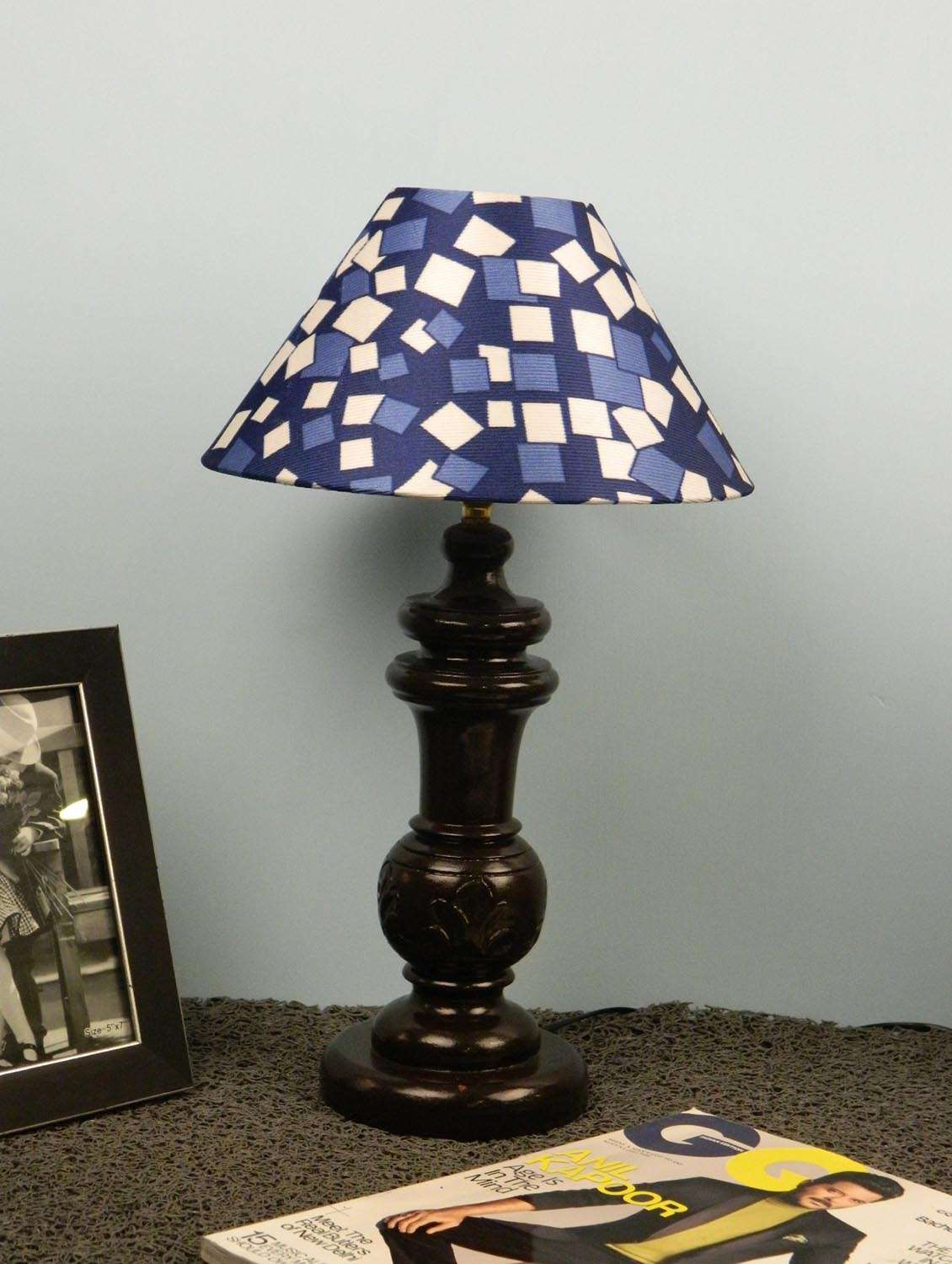 mango wood dark brown classy  table lampwith 10" pryamid shade-blue check