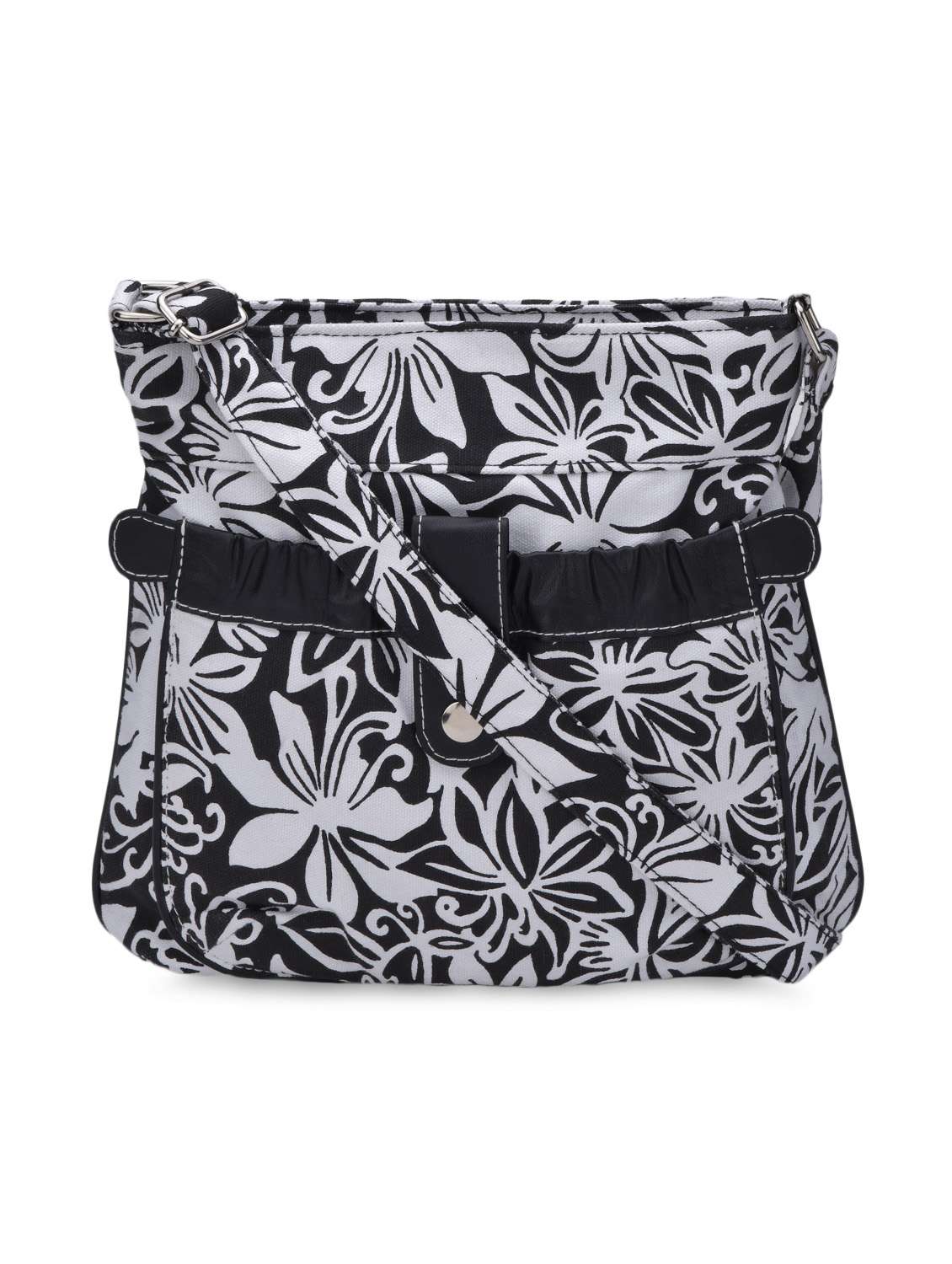 monochrome floral printed canvas sling bag