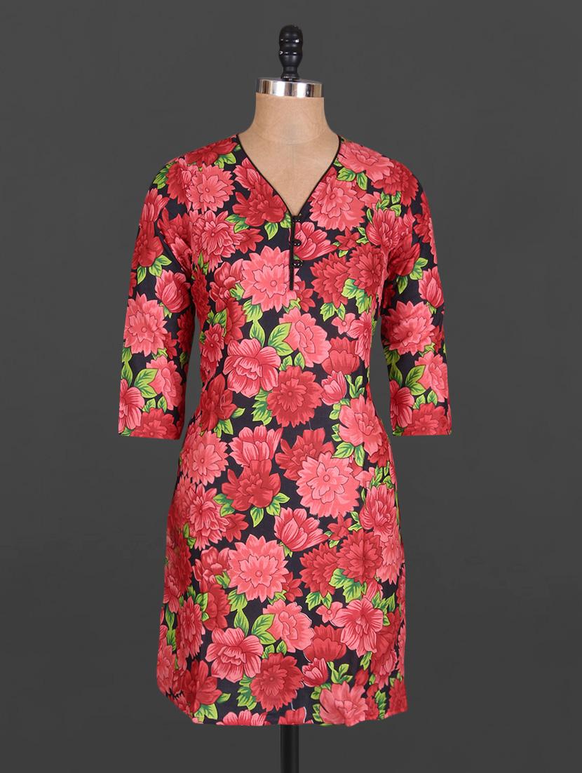 Quarter Sleeve Floral Print Cotton Kurta - Maya Antiques