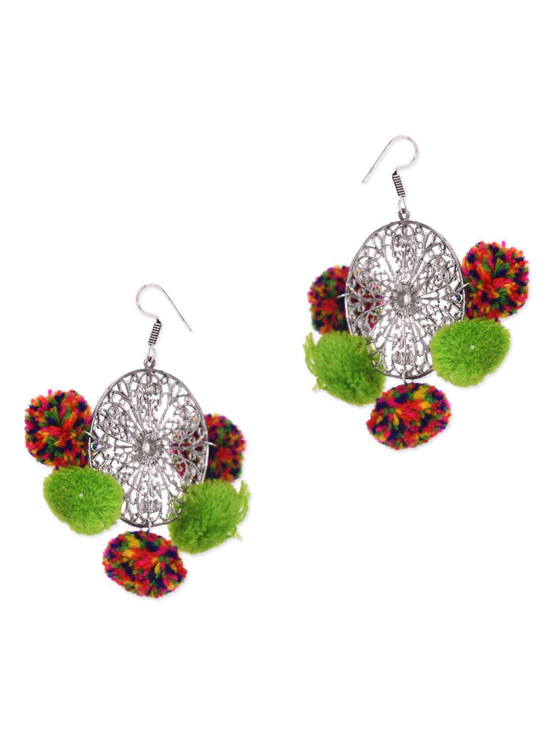  multicoloured pom pom embellished silver earrings