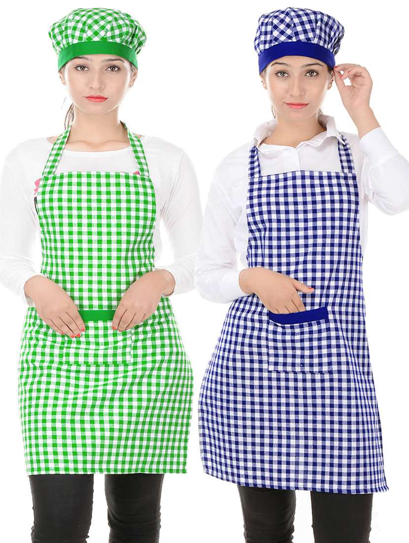 switchon cotton kitchen checks apron with cap pack of 2