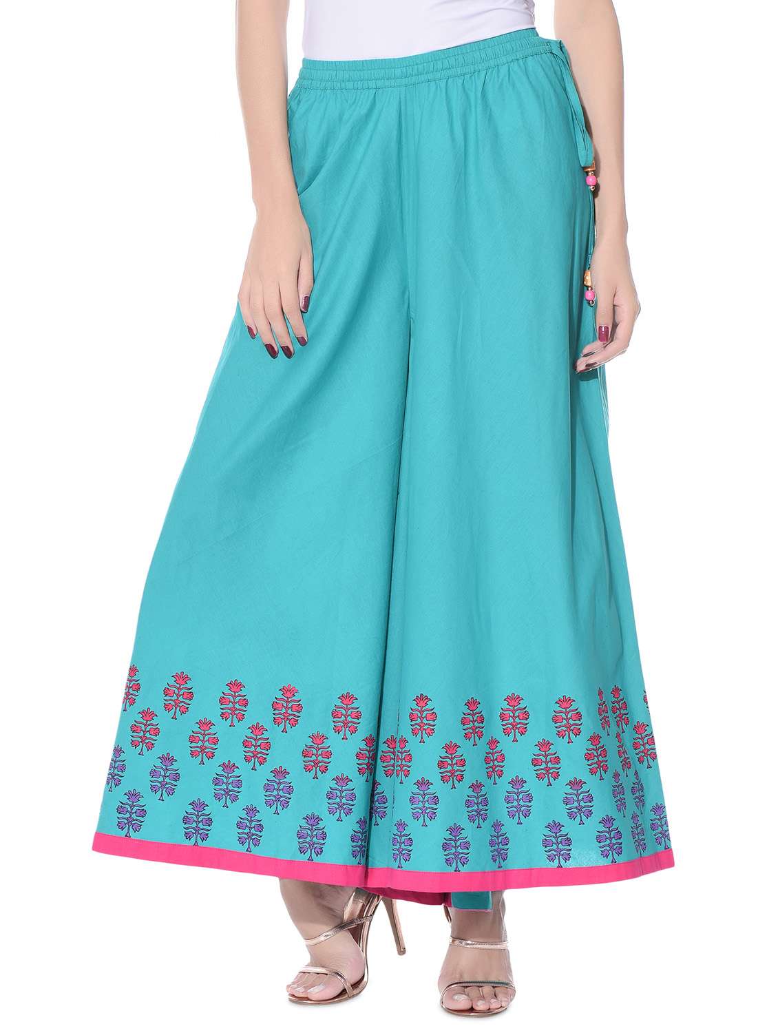 turquoise hand block print cotton divided skirt
