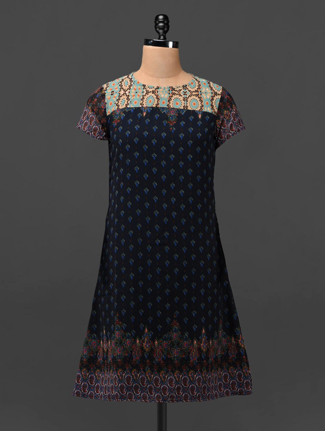 Round Neck Short Sleeve Printed Georgette Kurta - MOTIF