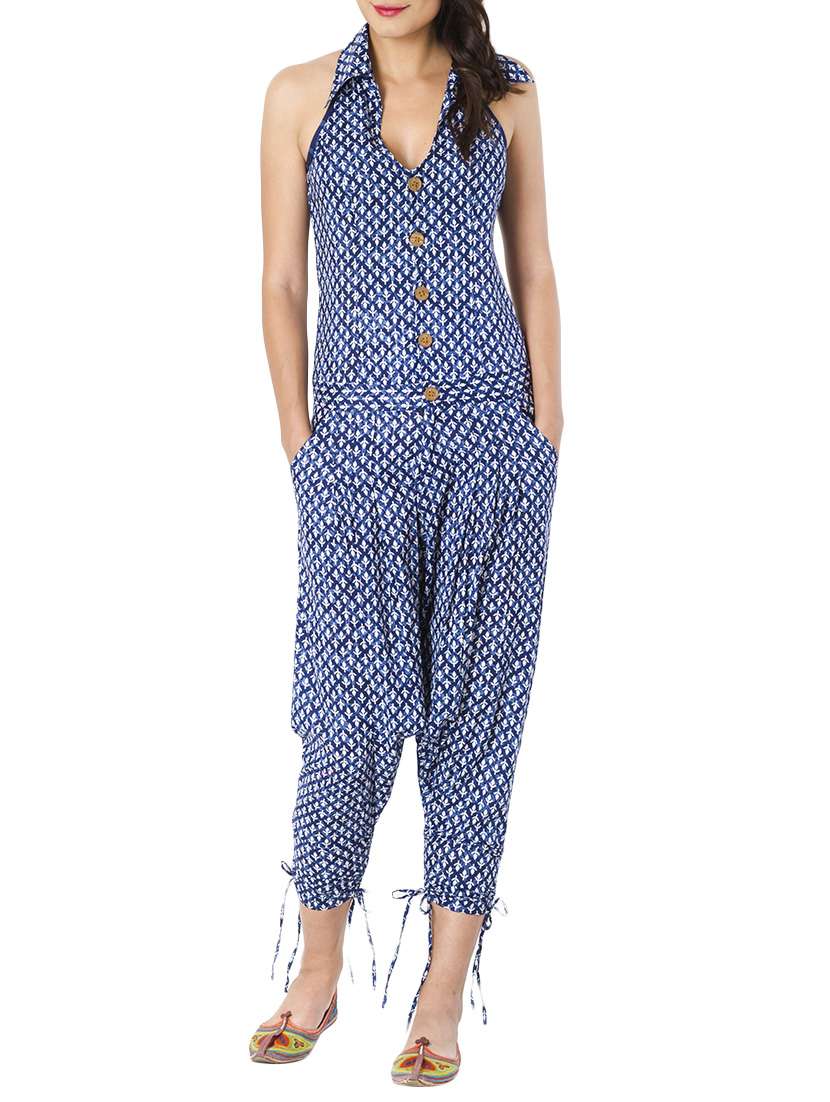 blue printed cotton jumpsuit