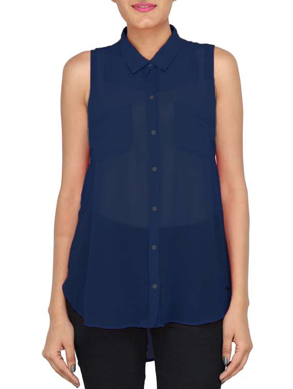 navy blue chiffon solid casual shirt