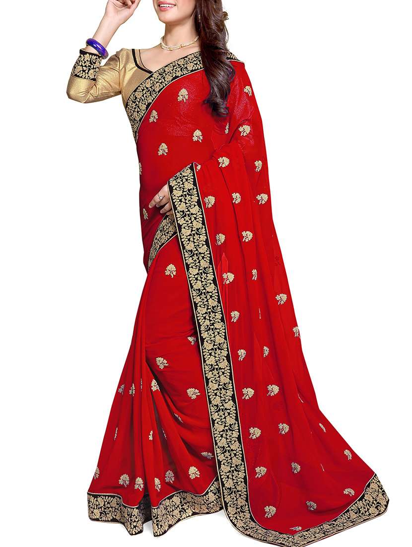 red faux georgette  saree with blouse