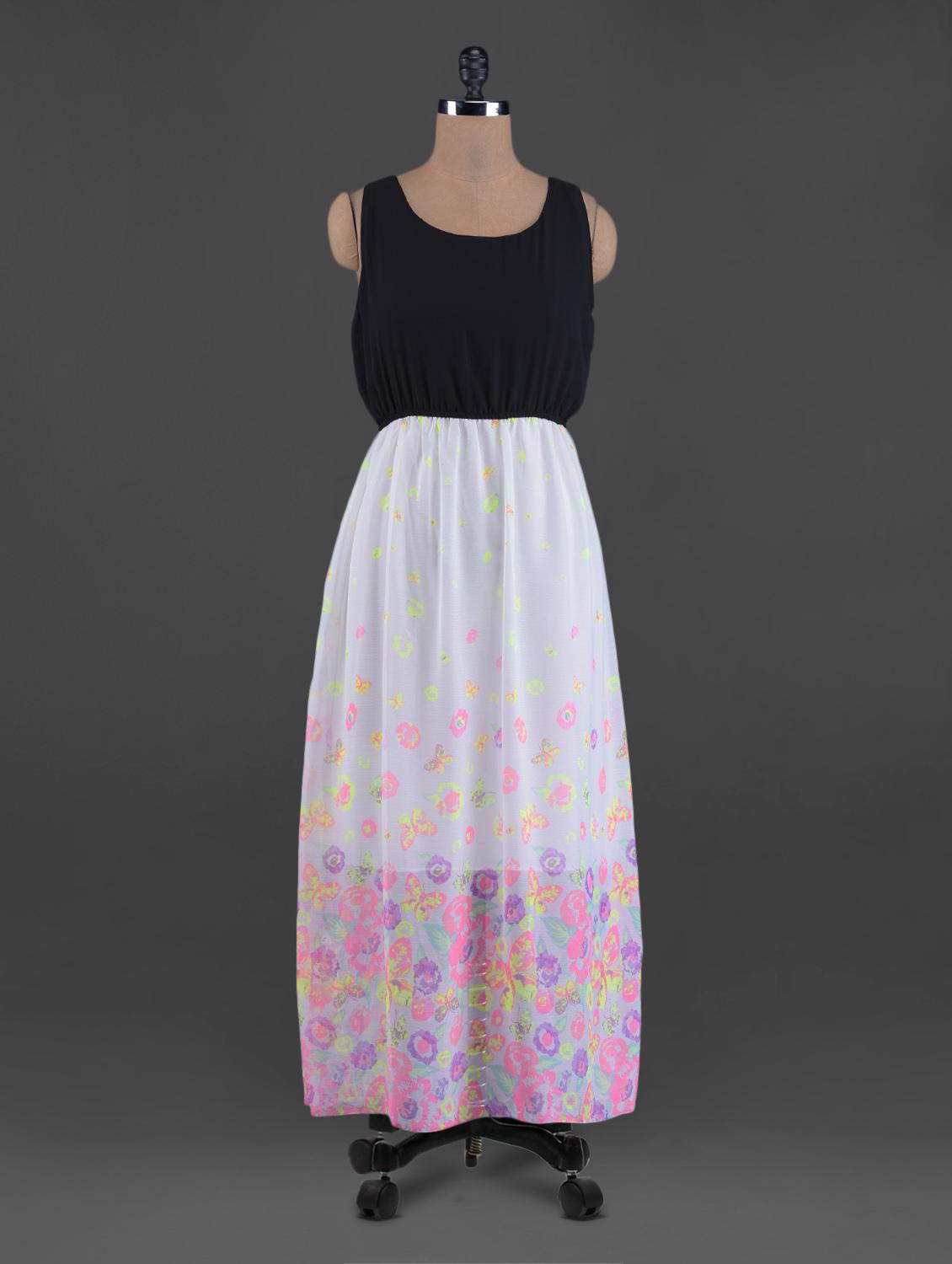 Flowers & Butterflies Printed Round Neck Maxi Dress - G&M Collections