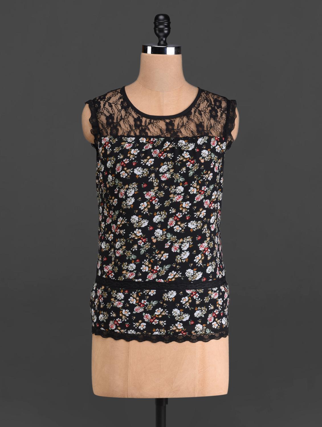 Black Floral Print Top With Lace Yoke - French Creations