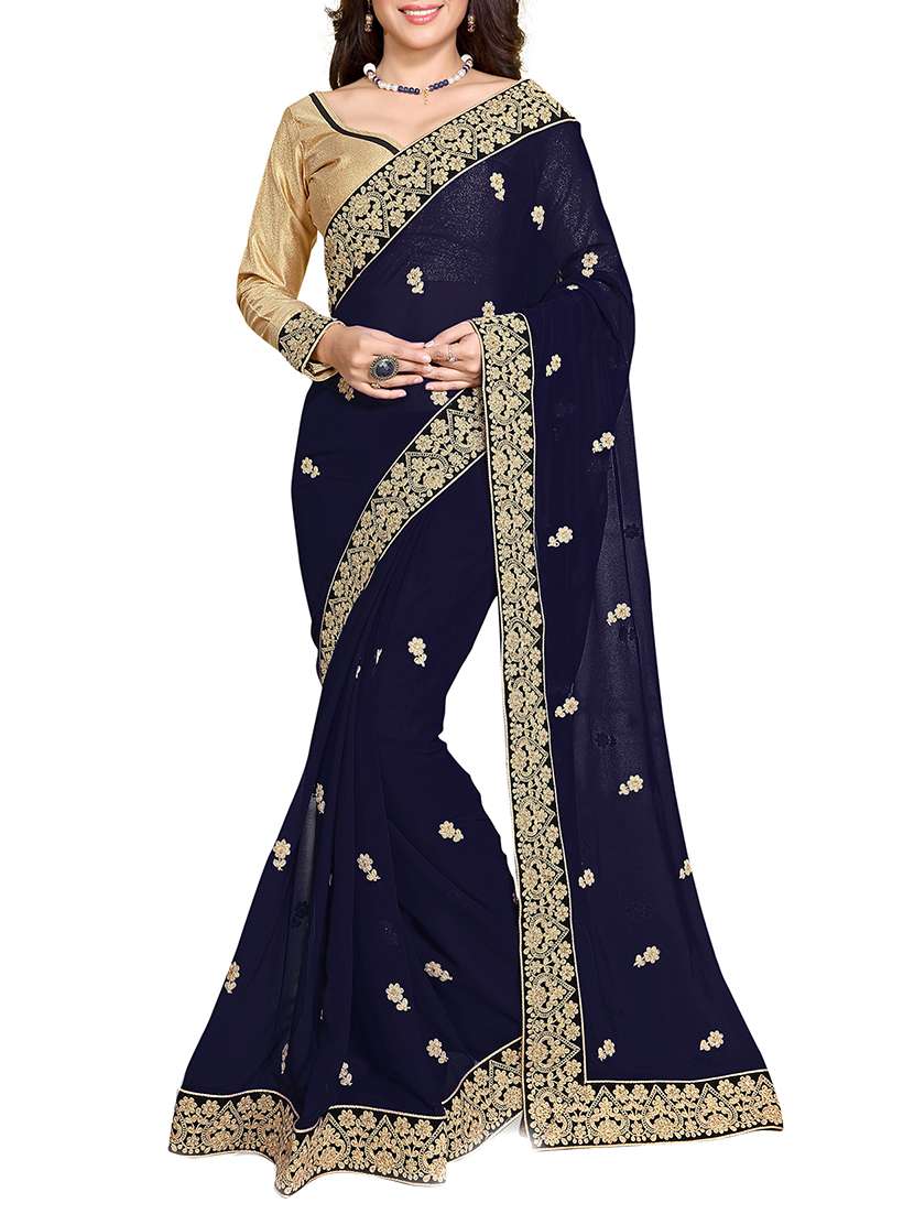 blue faux georgette saree with blouse