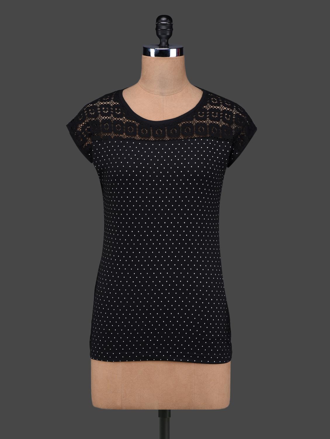 Black Polka Dots Lace Yoke Cotton Top - 27Ashwood