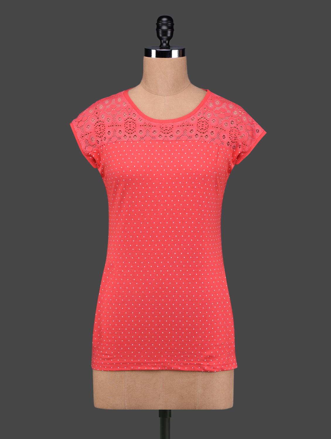 Coral Red Polka Dots Lace Yoke Cotton Top - 27Ashwood