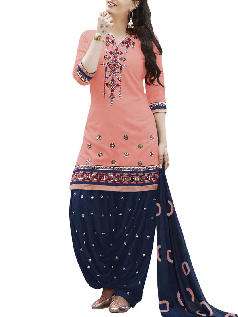 peach embroidered patiyala unstitched suit set
