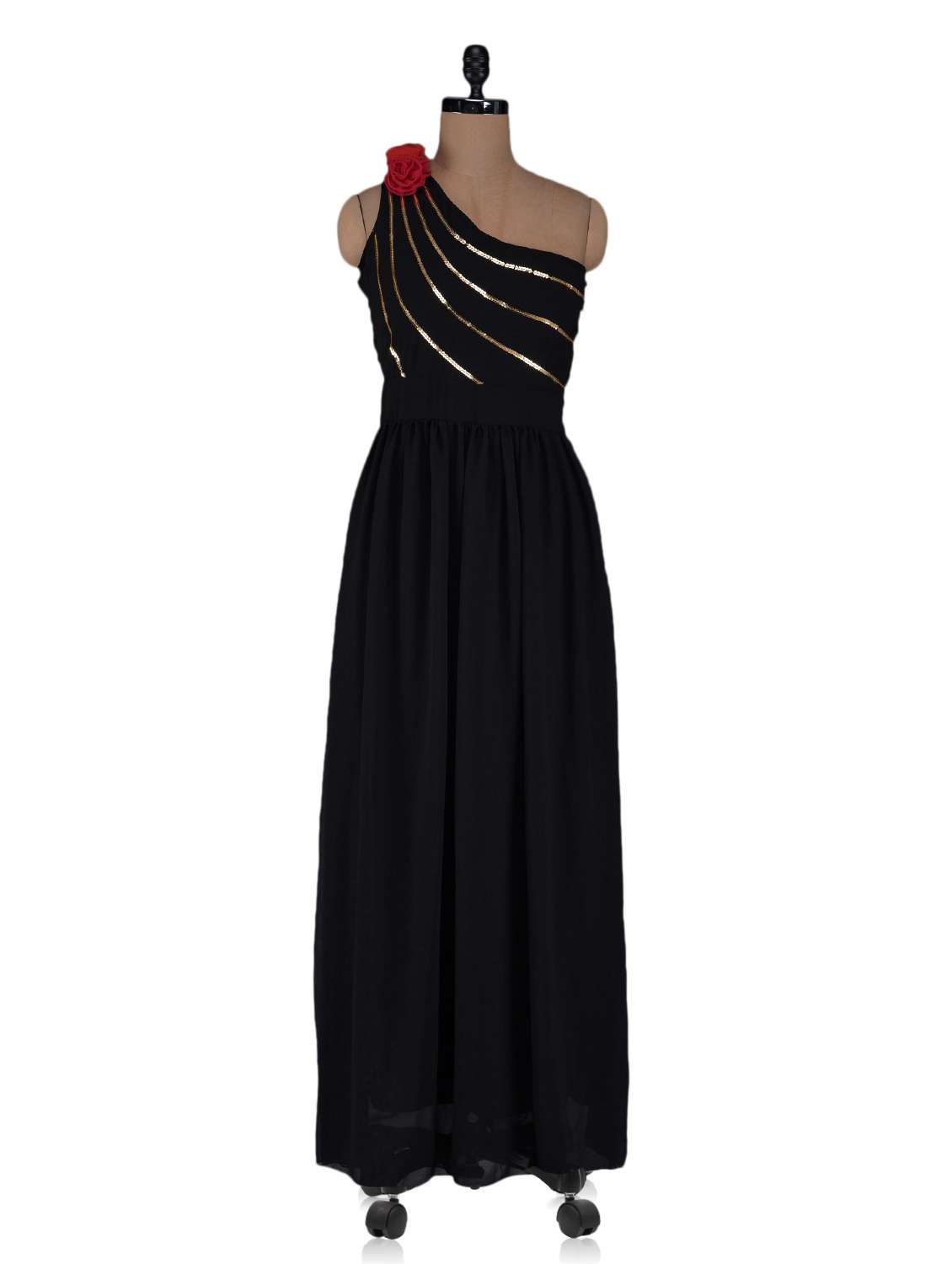 single shoulder flared maxi dress